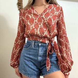 Windsor Red and Cream Floral Wrap Blouse